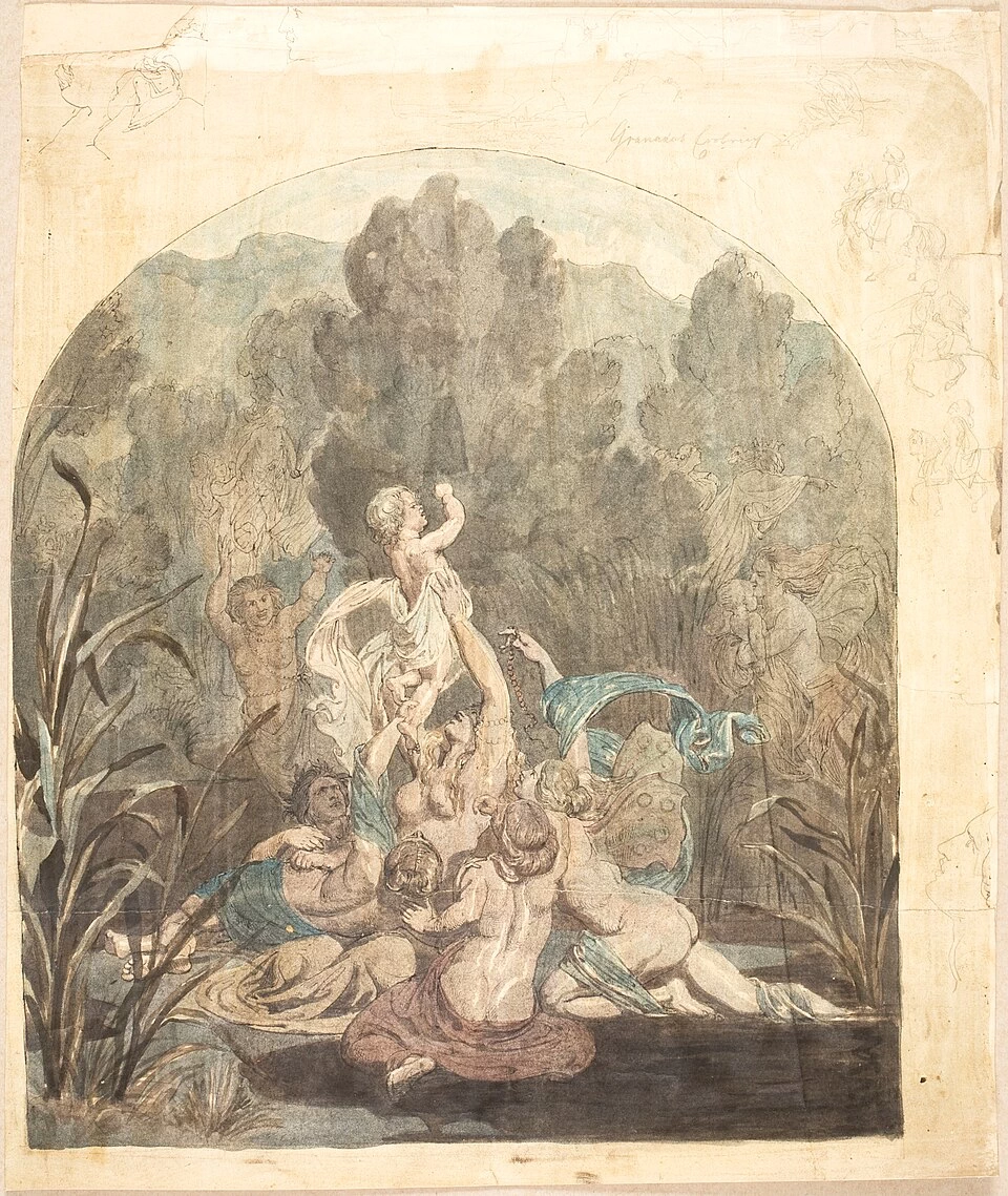 Motivo mitologico Schizzi di paesaggio, figure di cavalli e volto di profilo a margine - Statens Museum for Kunst